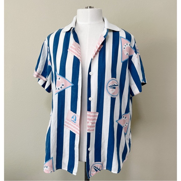 Vintage 90s Retro Russ Petites Size 8 Beach Striped Button Down Shirt Blouse - Picture 2 of 7